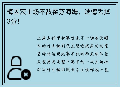 梅因茨主场不敌霍芬海姆，遗憾丢掉3分！
